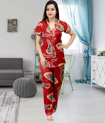 Ansh Collection Women Printed Red Shirt & Pyjama set