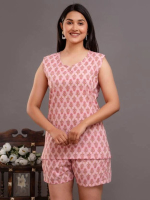 SAYANG Women Printed Pink Top & Shorts Set