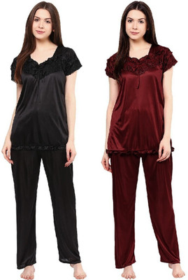 Boosah Women Solid Brown, Black Top & Pyjama Set