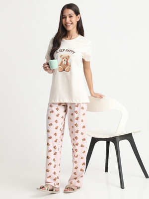 R&B Women Printed White Top & Pyjama Set