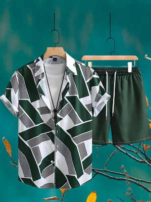 THEBROSSCO Men Floral Print Green Top & Shorts Set