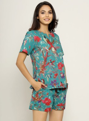 Sanskrutihomes Women Floral Print Blue Top & Shorts Set
