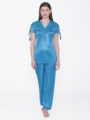 ROWENA Women Solid Blue Top & Pyjama Set