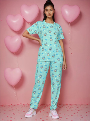 SAKARMAA Women Printed Light Blue Top & Pyjama Set