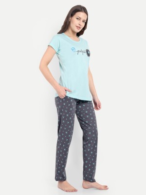 MushyMod Women Floral Print Light Blue Top & Pyjama Set