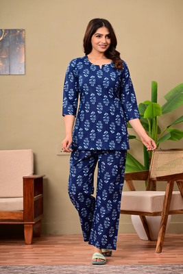 Hn Export Women Printed Dark Blue Night Suit Set