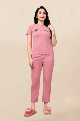 PTELRA Women Self Design Pink Night Suit Set