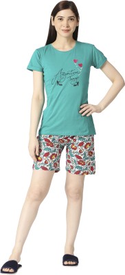 zebu Women Printed Green Top & Shorts Set