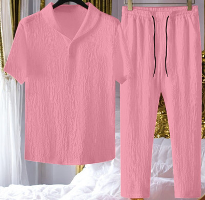 gurukrupa creation Men Self Design Pink Night Suit Set