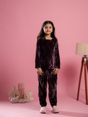 Sanskrutihomes Girls Solid Purple Night Suit Set