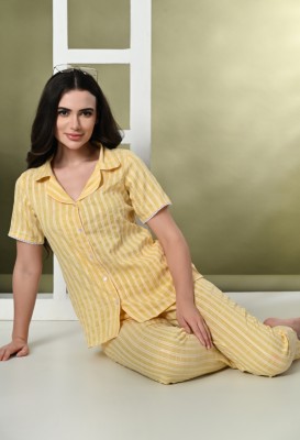 Aaivan Women Striped Yellow Night Suit Set