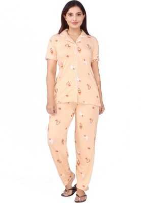 WOOLVALLEY Women Printed Orange Shirt & Pyjama set