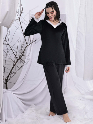 ETC Women Solid Black Night Suit Set