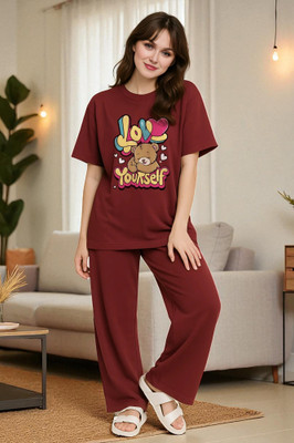 Elvia Women Printed Maroon Top & Pyjama Set