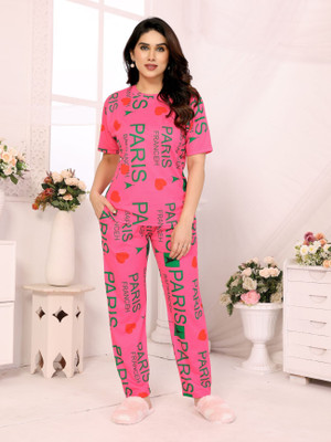 HouseOfCommon Women Printed Pink Night Suit Set