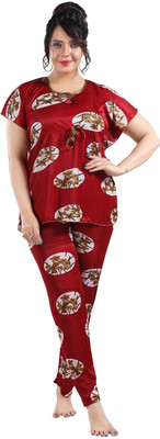 Fabme Women Printed Maroon Night Suit Set