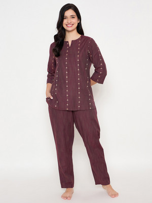 Clovia Women Geometric Print Maroon Top & Pyjama Set