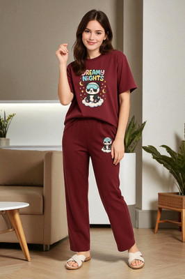 Elvia Women Printed Maroon Top & Pyjama Set