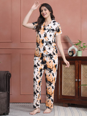 Claura Women Printed Orange Shirt & Pyjama set