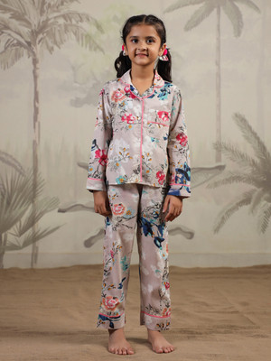 Sanskrutihomes Girls Floral Print White Night Suit Set