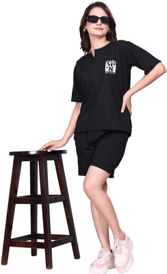 Fabstreet Women Printed Black Top & Pyjama Set