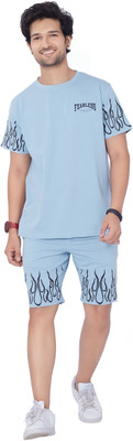 WEET Men Printed Light Blue Top & Shorts Set