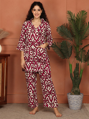 ETC Women Printed Maroon Night Suit Set