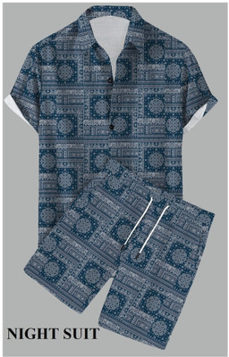 CHEAPSHIRTS Men Printed Grey, Blue Top & Shorts Set
