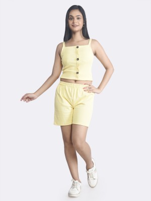 KARNI Women Solid Yellow Top & Shorts Set