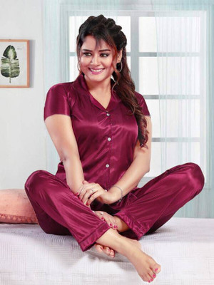 PROJEPT Women Solid Maroon Shirt & Pyjama set