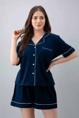 FLORESA Women Solid Blue Night Suit Set