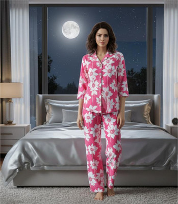 shhop Women Floral Print Pink, White Night Suit Set