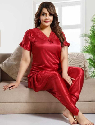 JiyaJay Fashion Women Solid Red Top & Pyjama Set