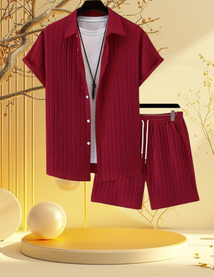 7starenterprise7 Men Solid Red Night Suit Set