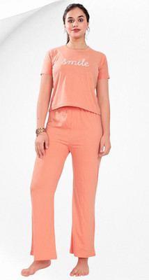 nityatrends Women Printed, Solid Pink Night Suit Set