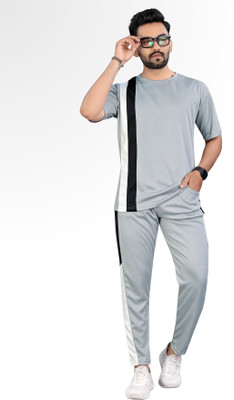 LINSOR FASHION Men Striped Grey Night Suit Set