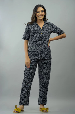 TRINABH Women Printed Black Shirt & Pyjama set