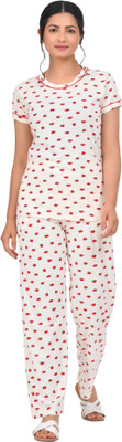 Digsel Cool Cotton Women Graphic Print, Printed White Top & Pyjama Set