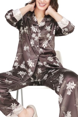 ZEYO Women Floral Print Brown Shirt & Pyjama set