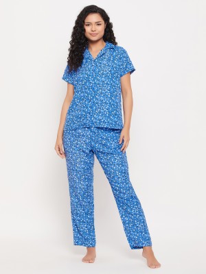 Clovia Women Floral Print Blue, White Shirt & Pyjama set