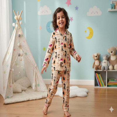 Anteclope Boys & Girls Printed Beige Night Suit Set