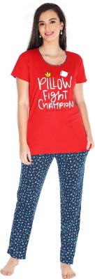 Digsel Cottons Women Printed Blue, Red Top & Pyjama Set