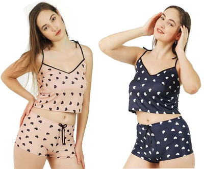 Aivora Women Printed Beige, Dark Blue Top & Shorts Set