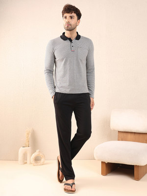 SWEET DREAMS Men Striped Black Top & Pyjama Set