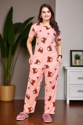 FASHION GREAB Women Printed Pink Top & Pyjama Set