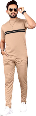 NISPRUH Men Self Design Beige Night Suit Set