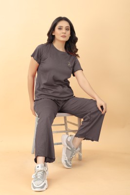 ELEGENCE FAB Women Solid Grey Top & Pyjama Set