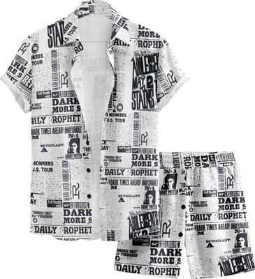 YUKAX Men Printed White Night Suit Set