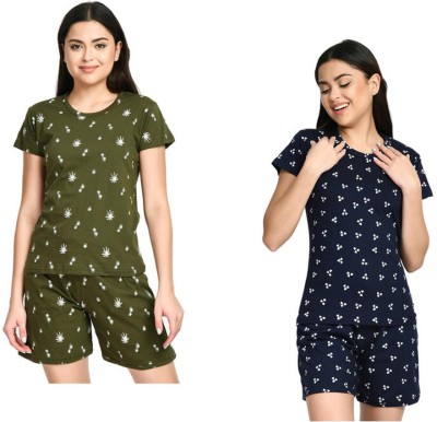 IndiWeaves Women Printed Green, Dark Blue Top & Shorts Set