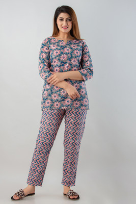 oceanabode Women Printed Green Top & Pyjama Set